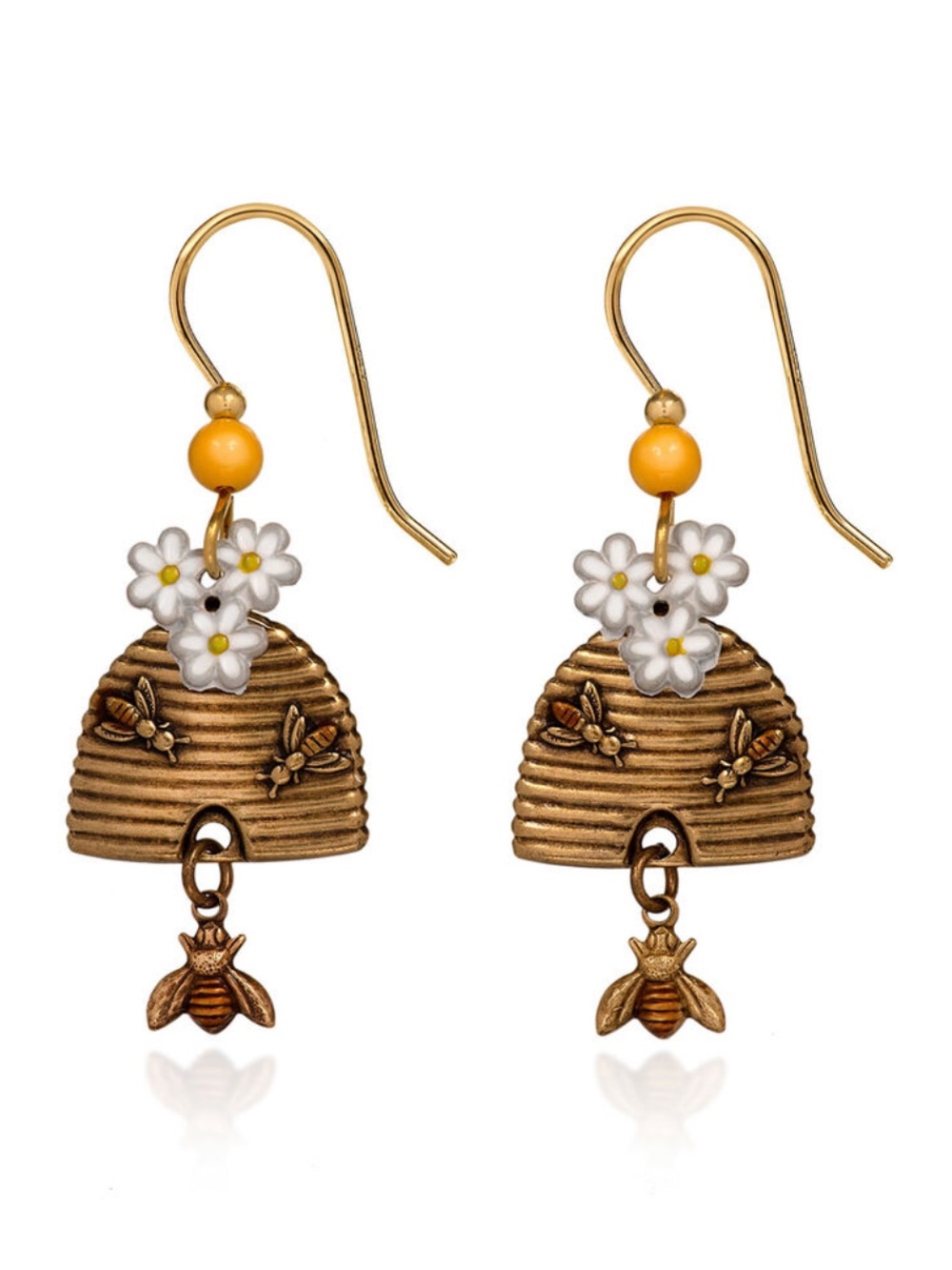 Silver Forest Gold Beehive Drop Earrings with White Daisies and Yellow Beads